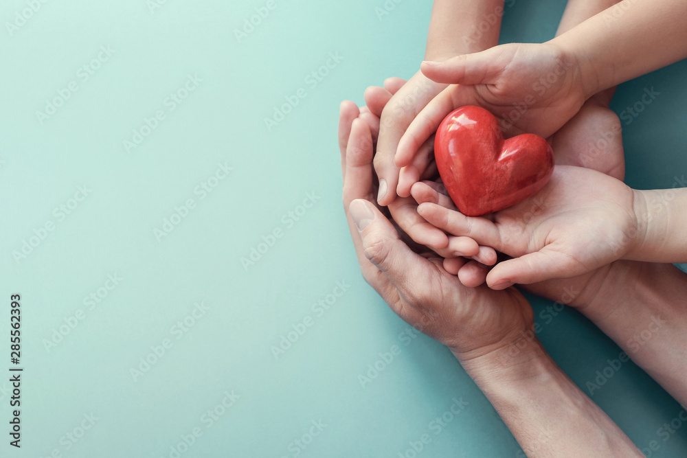 Wall mural Family hands holding red heart, heart health insurance, charity volunteer donation, CSR responsibility, world heart day, world health day, family day, adoption foster care home, compliment  concept