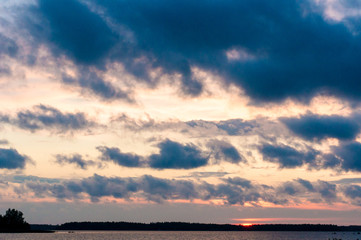 Beautiful cloudy sunset over Baltic sea, Vaasa, Finland