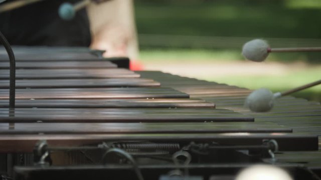 Hands of musician playing the vibraphone on the street. Music Instrument Vibraphone close up.