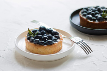 Delicious blueberry tartlets with vanilla custard cream on a black and white plates with a fork on light background. Front view. 