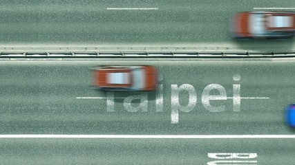 Top down view of the highway with revealing Taipei text. Driving in Taiwan intro clip