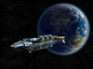 Obraz na płótnie Canvas Detailed spaceship in near Earth orbit