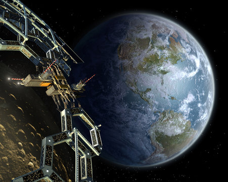 Asteroid mining space colony in a near Earth orbit, for space exploration backgrounds.