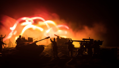 War Concept. Military silhouettes fighting scene on war fog sky background,