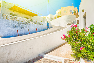 Picturesque Summer Empty Street on Santorini Island in Greece