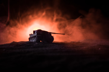 War Concept. Military silhouettes fighting scene on war fog sky background, Silhouette of armored...