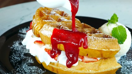 waffles with strawberry sauce and Ice cream, dessert