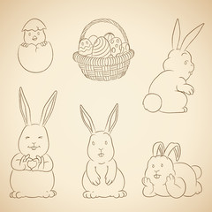 Charcoal Vector Drawings of Easter Bunnies Eggs Basket and Chick on a Beige Background Vector Illustration