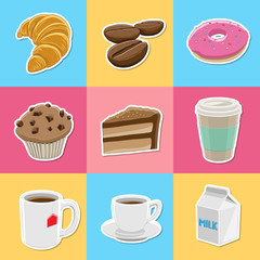 Coffee and Breakfast Sticker Icons on Colorful Backgrounds Vector Illustration