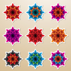 Colorful Bold Flower Stickers with Spiky Petals Vector Illustration