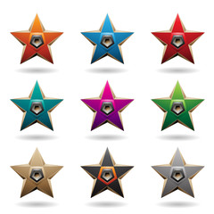 Colorful Embossed Stars with Pentagon Loudspeaker Shapes Vector Illustration