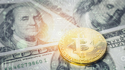 double exposure background of bitcoin golden coin on us banknote background overlay with digital circuit symbol and digital code