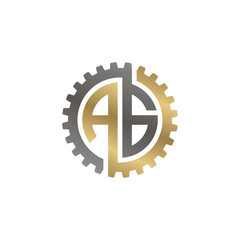 Initial letter A and G, AG, interlock cogwheel gear monogram logo, black gold on white background