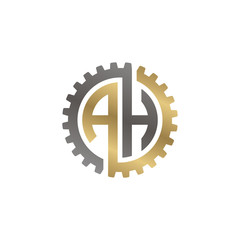 Initial letter A and H, AH, interlock cogwheel gear monogram logo, black gold on white background