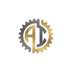 Initial letter A and I, AI, interlock cogwheel gear monogram logo, black gold on white background