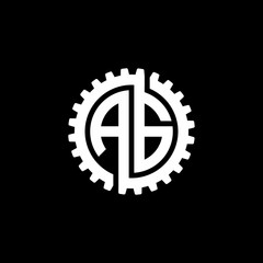 Initial letter A and G, AG, interlock cogwheel gear monogram logo, white color on black background