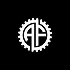 Initial letter A and F, AF, interlock cogwheel gear monogram logo, white color on black background