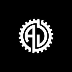 Initial letter A and J, AJ, interlock cogwheel gear monogram logo, white color on black background