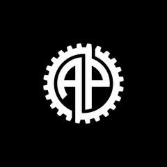 Initial letter A and P, AP, interlock cogwheel gear monogram logo, white color on black background