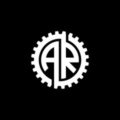 Fototapeta premium Initial letter A and R, AR, interlock cogwheel gear monogram logo, white color on black background