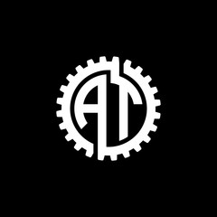 Initial letter A and T, AT, interlock cogwheel gear monogram logo, white color on black background