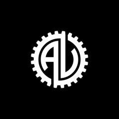 Initial letter A and V, A and U, AV, AU interlock cogwheel gear monogram logo, white color on black background