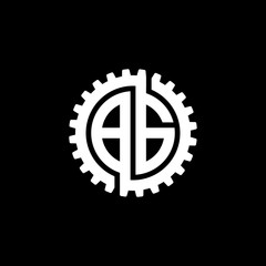 Initial letter B and G, BG, interlock cogwheel gear monogram logo, white color on black background