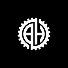 Initial letter B and H, BH, interlock cogwheel gear monogram logo, white color on black background