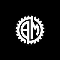 Initial letter B and M, BM, interlock cogwheel gear monogram logo, white color on black background