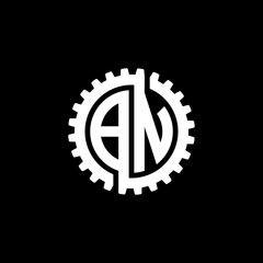 Initial letter B and N, BN, interlock cogwheel gear monogram logo, white color on black background