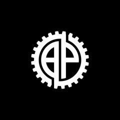 Initial letter B and P, BP, interlock cogwheel gear monogram logo, white color on black background