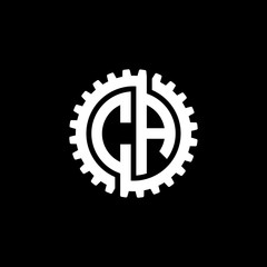 Initial letter C and A, CA, interlock cogwheel gear monogram logo, white color on black background