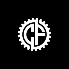 Initial letter C and F, CF, interlock cogwheel gear monogram logo, white color on black background