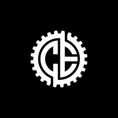 Initial letter C and E, CE, interlock cogwheel gear monogram logo, white color on black background