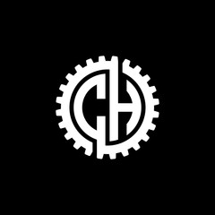 Initial letter C and H, CH, interlock cogwheel gear monogram logo, white color on black background
