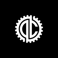 Initial letter D and C, O and C, DC, OC, interlock cogwheel gear monogram logo, white color on black background