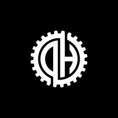 Initial letter D and H, O and H, DH, OH, interlock cogwheel gear monogram logo, white color on black background