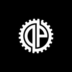 Initial letter D and P, O and P, DP, OP, interlock cogwheel gear monogram logo, white color on black background