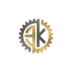 Initial letter E and K, EK, interlock cogwheel gear logo, black gold on white background