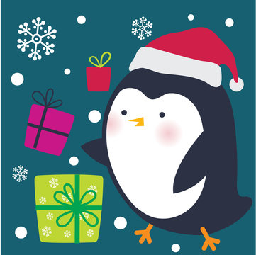 Cute penguin and Christmas gifts, vector illustration