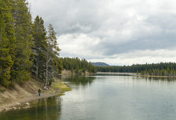 person walking by the river on the forest with mountains on the background