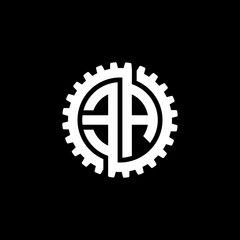 Initial letter E and A, EA, interlock cogwheel gear monogram logo, white color on black background