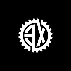 Initial letter E and X, EX, interlock cogwheel gear monogram logo, white color on black background