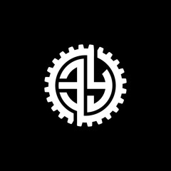 Fototapeta premium Initial letter E and Y, EY, interlock cogwheel gear monogram logo, white color on black background