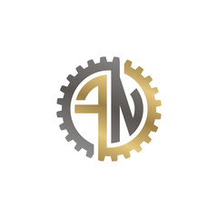 Initial letter F and N, FN, interlock cogwheel gear logo, black gold on white background