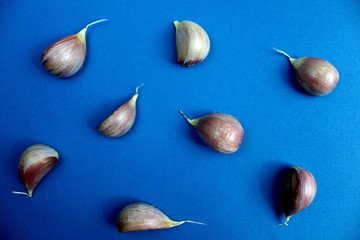 Garlic and cloves of garlic on a blue background.
