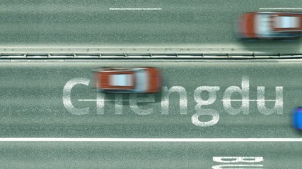 Overhead view of the busy car road with Chengdu text. Travel to China intro clip