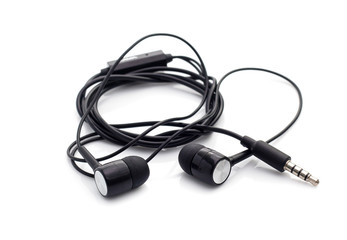 black earphones on a white background
