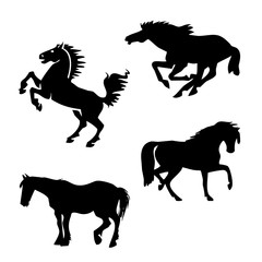 Fototapeta na wymiar Collection of silhouettes of Black horse graphics set on white background. Picture illustration for your cute design and your project.