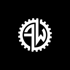 Fototapeta premium Initial letter F and W, FW, interlock cogwheel gear monogram logo, white color on black background